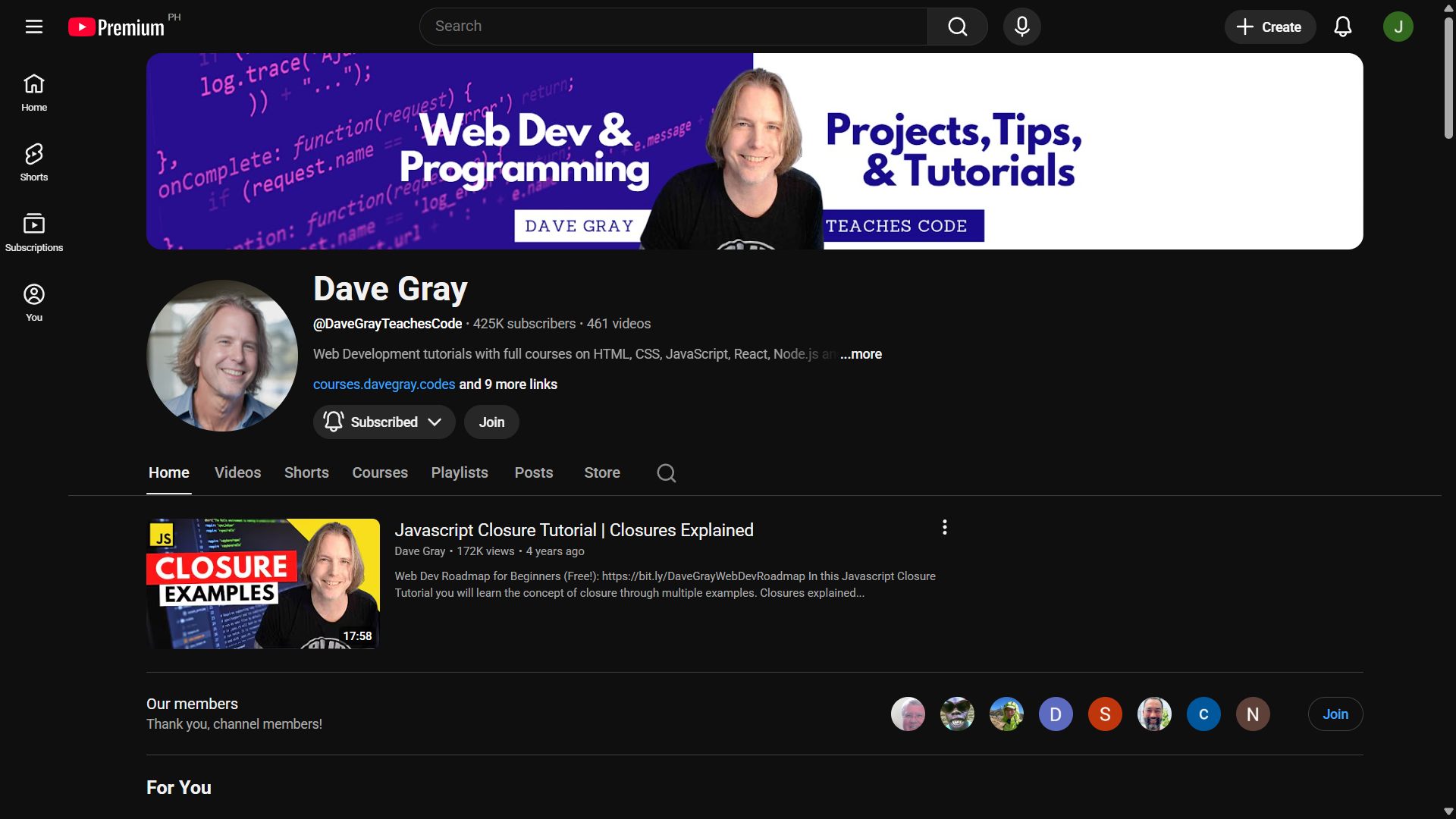 Screenshot of Dave Gray's YouTube channel