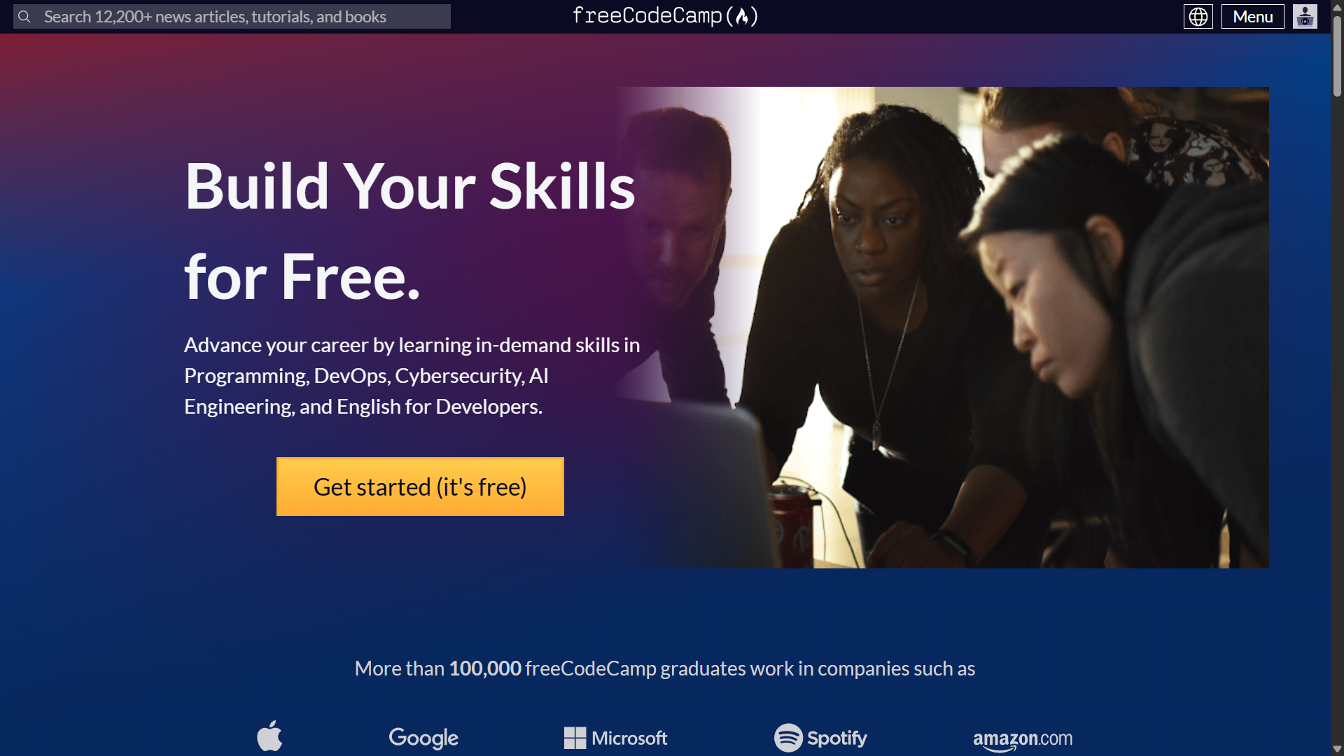 Screenshot of freeCodeCamp homepage